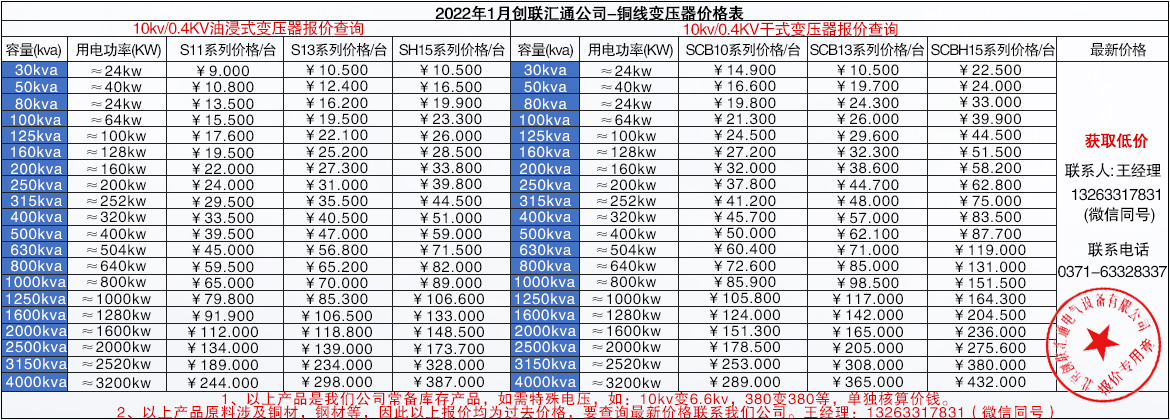 油浸式铜线变压器报价查询价格表/台
